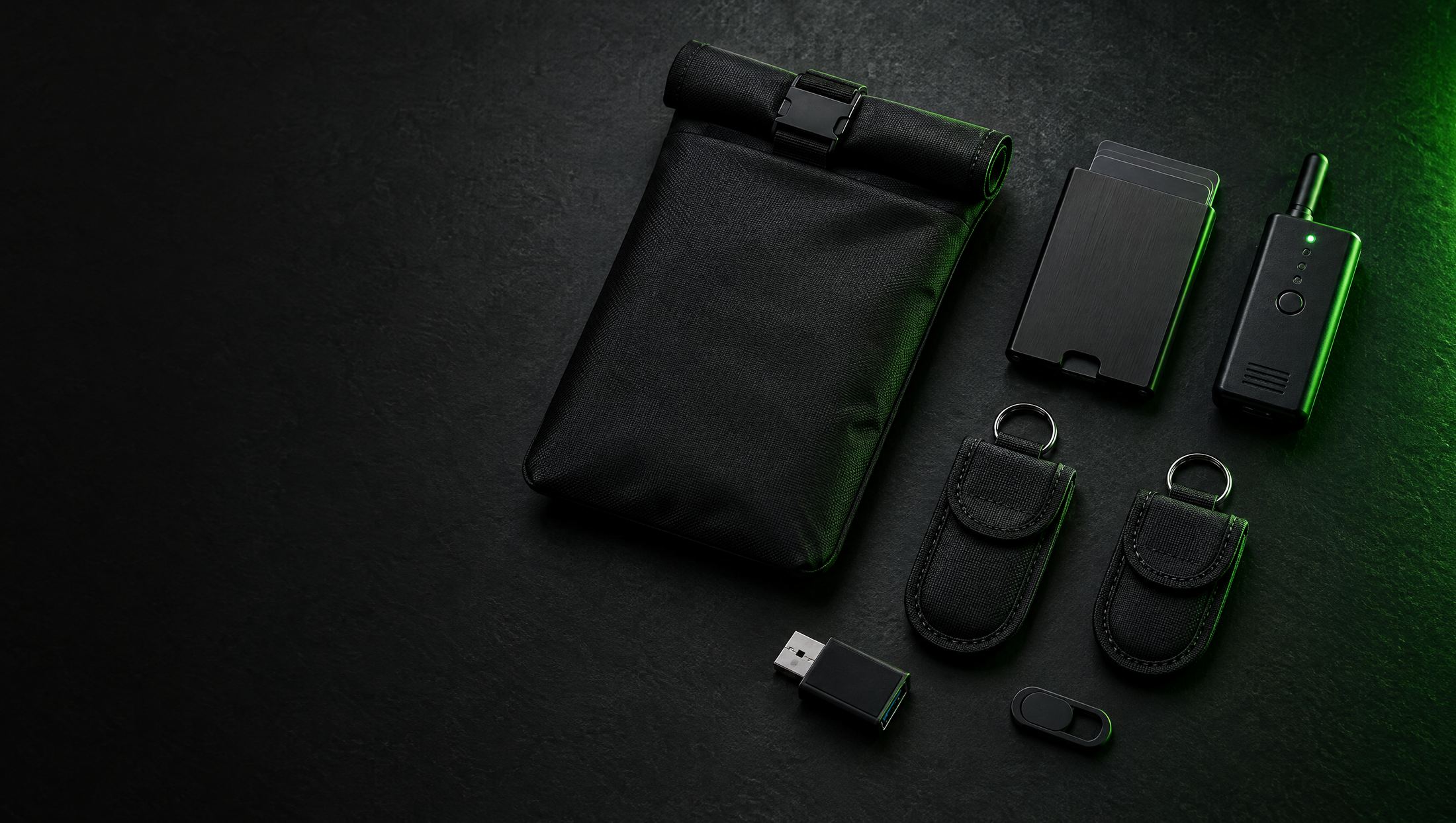 Faraday pouch, RFID wallet, bug detector and other privacy gear on a dark surface