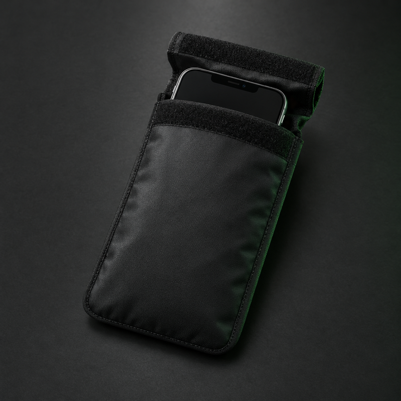 Faraday phone pouch with a phone half inside