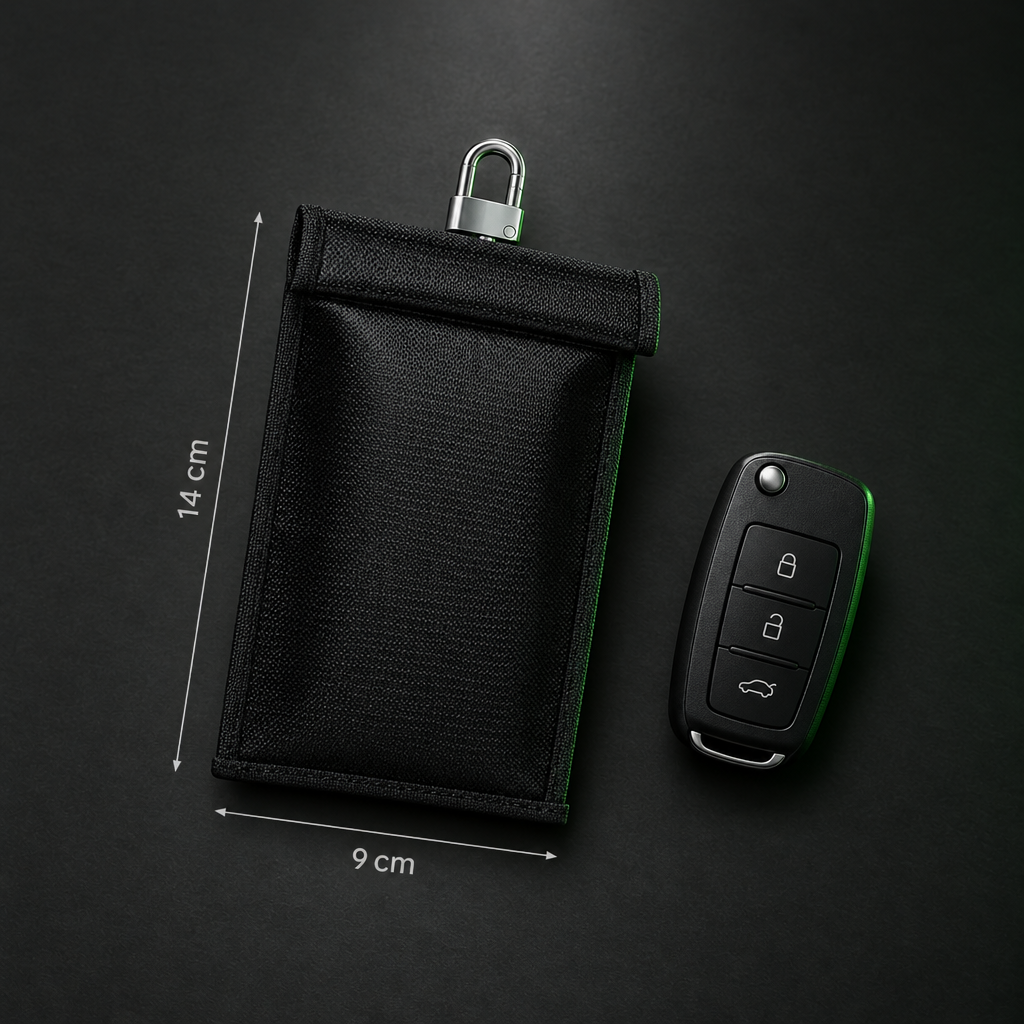 Key size faraday pouch, 14 x 9 cm, next to a car key