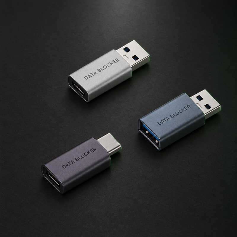 USB data blockers in silver, blue grey and purple grey