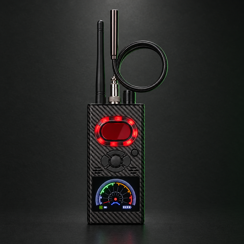 RF Detector Pro front view with antenna and magnetic probe