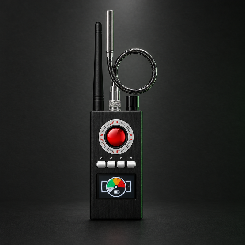 RF Signal Detector front view with antenna and magnetic probe