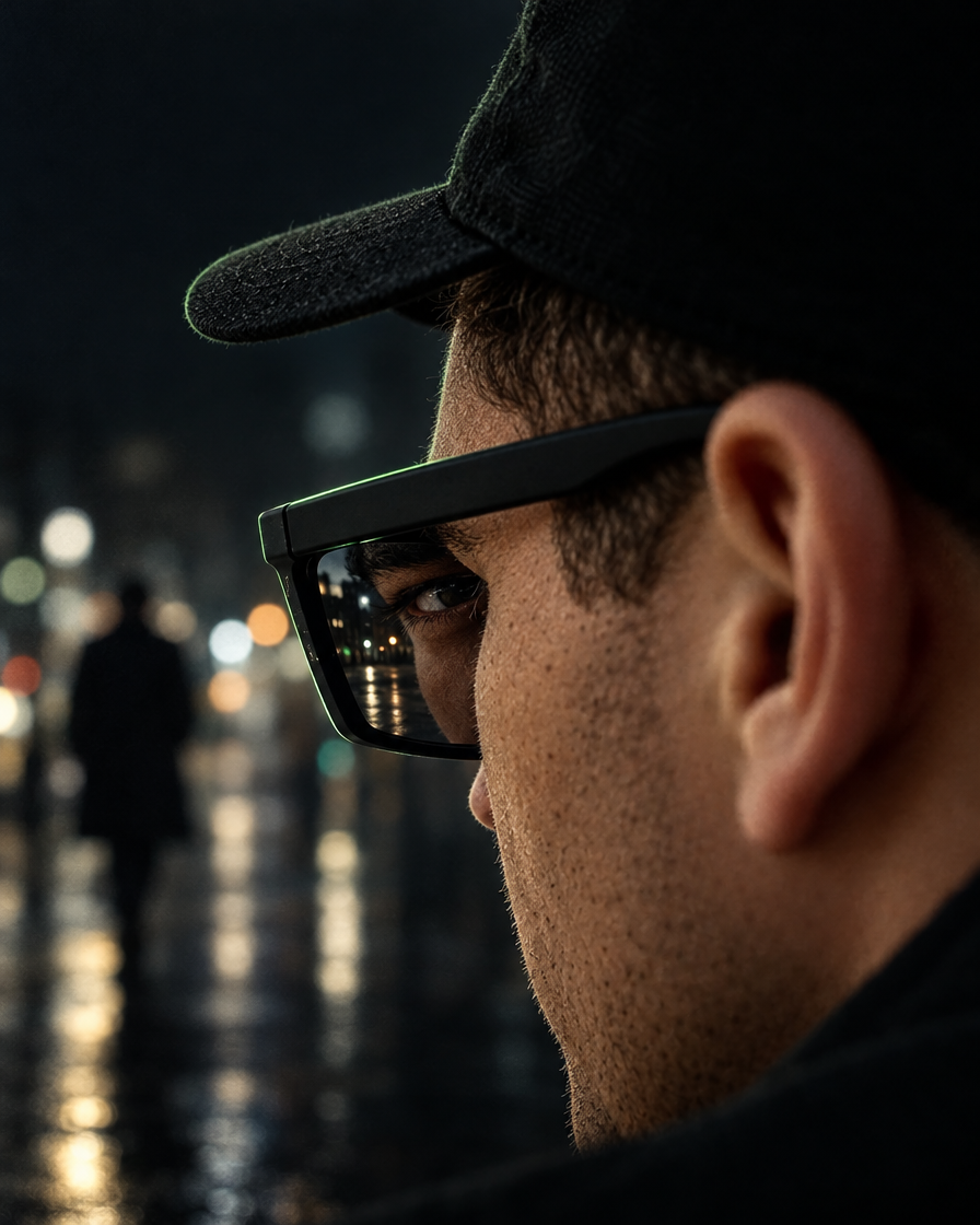 The wearer's eye reflected in the mirrored inner lens edge of the Check Six sunglasses, watching the street behind