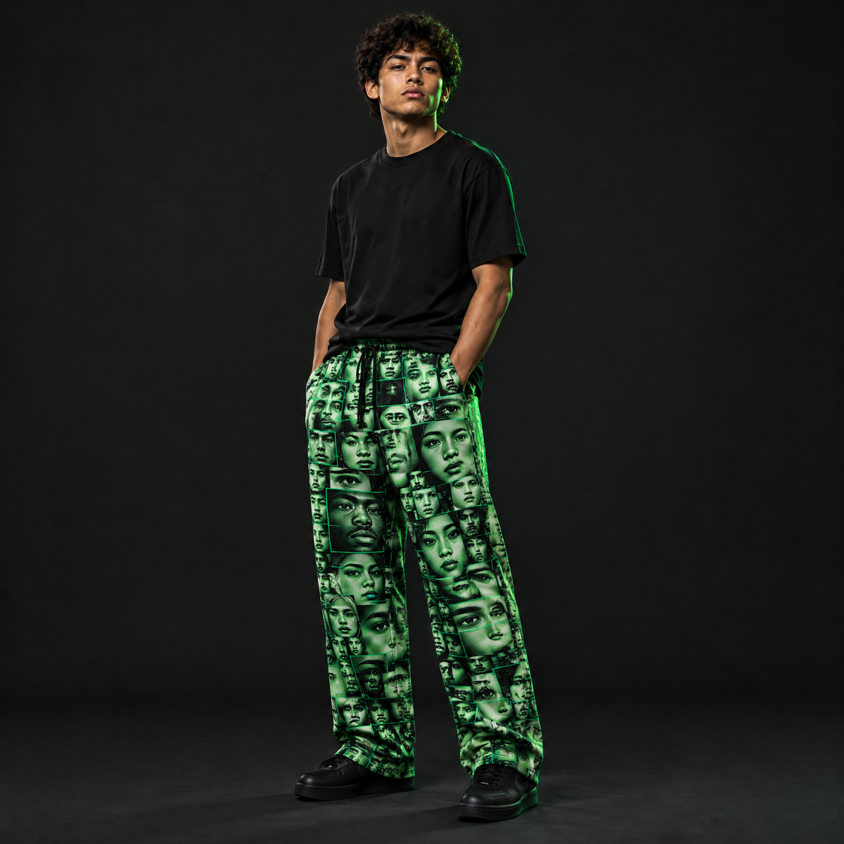 Face Spam Wide-Leg Joggers worn with a plain black tee