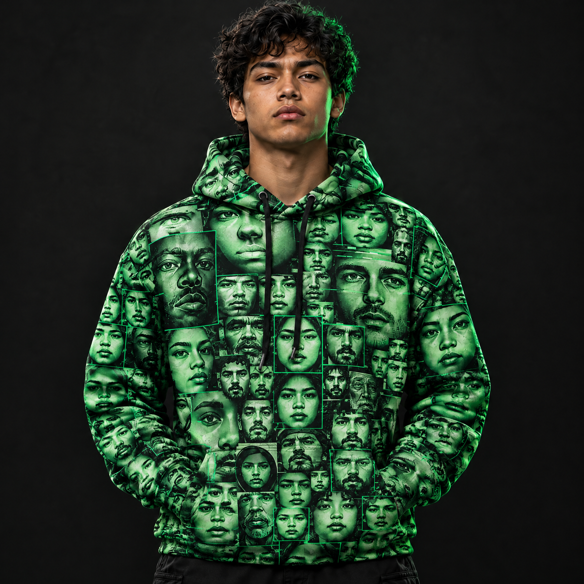 Face Spam Hoodie worn with the hood down, all-over decoy-face print