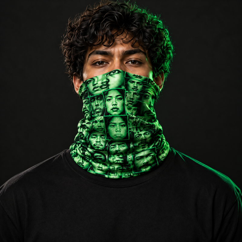 Face Spam Neck Gaiter pulled up over the nose