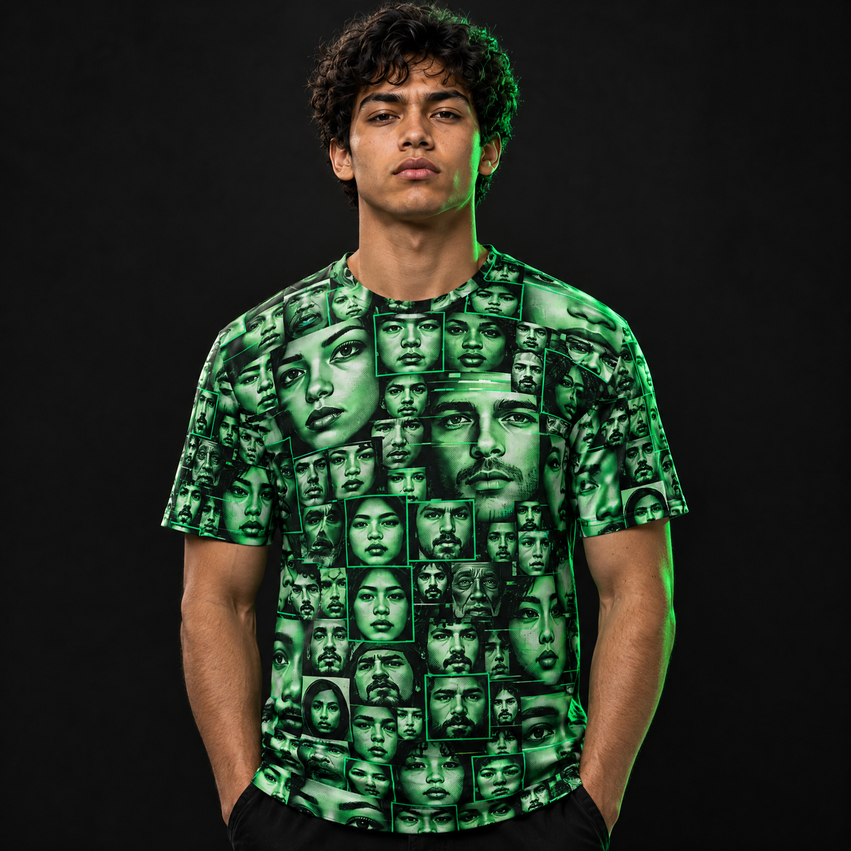 Face Spam Tee worn, all-over decoy-face print