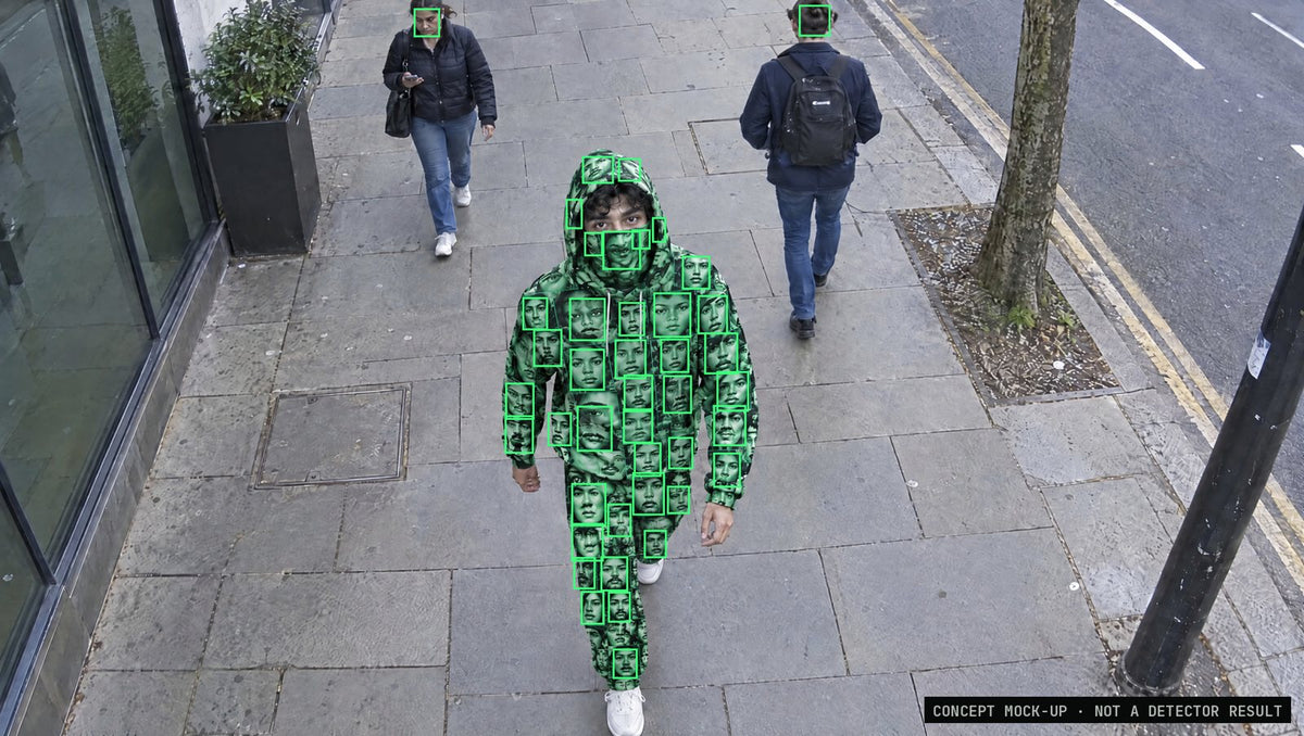 Concept mock-up: CCTV-style view of a man in the Face Spam hoodie, gaiter and joggers, with green boxes on the printed faces